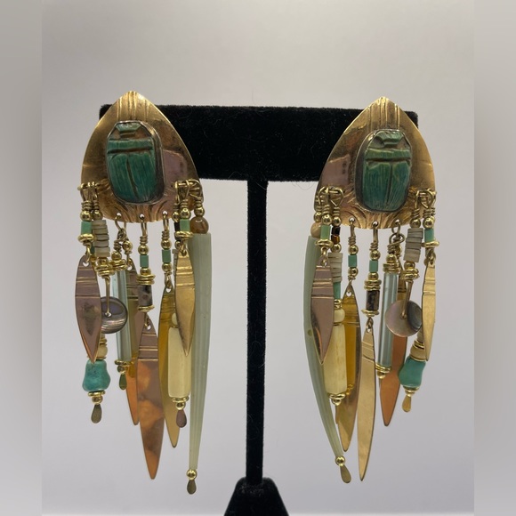 Vintage Signed Tabra Scarab Dentalium Gold Filled Dangle Earrings Pierced - Picture 12 of 12